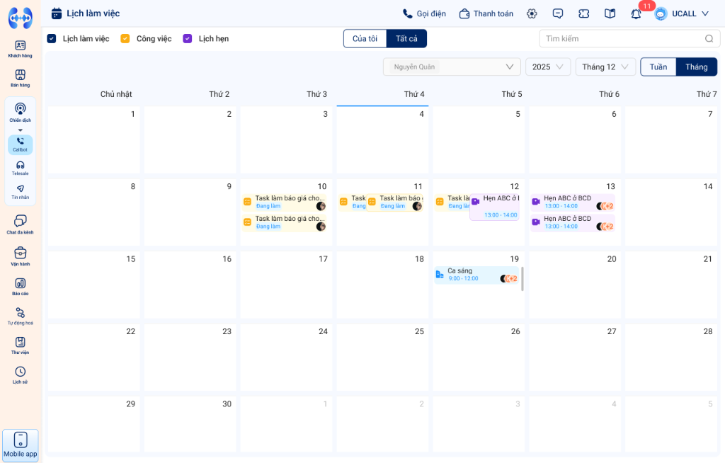 Giao diện Calendar